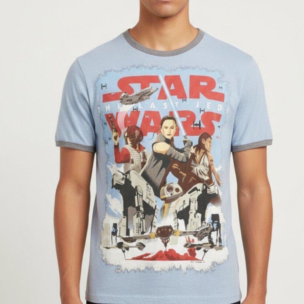 Star Wars Disney Graphic T-Shirt‎ Size Small Rey Finn Blue Men's Last Jedi Parks
